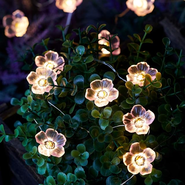 Lights4fun 20 Pink Cherry Blossom Flower Solar Powered Outdoor IP44 Waterproof Garden Micro LED Copper Wire Fairy String Lights