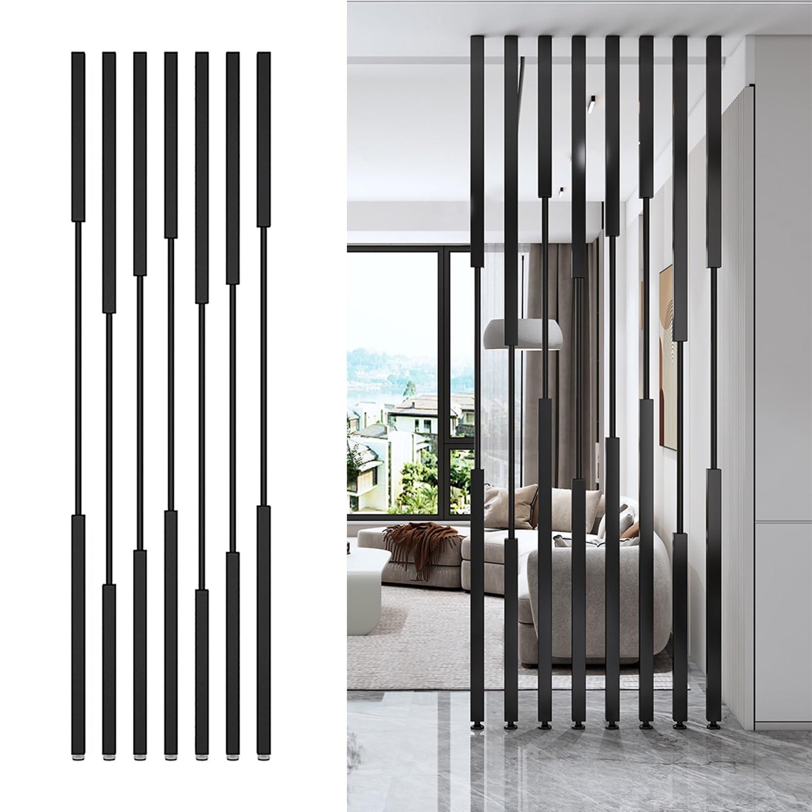高さ100~300cmのルームディバイダー、ドリル不要の金属製パーティションポスト、天井から床までのスクリーンポール、5/8本入り、装飾柱、オフィス、ホテル、家庭用、商業用、ブラック(5pcs-A,120cm)