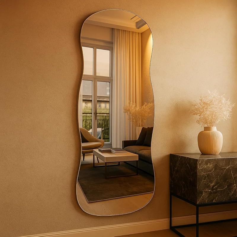 Espelho Lopazzi Aura Orgânico 90x40cm com Suporte Parede Banheiro Quarto Penteadeira Design Moderno Vidro Polido Decorativo Instalação Vertical e Horizontal
