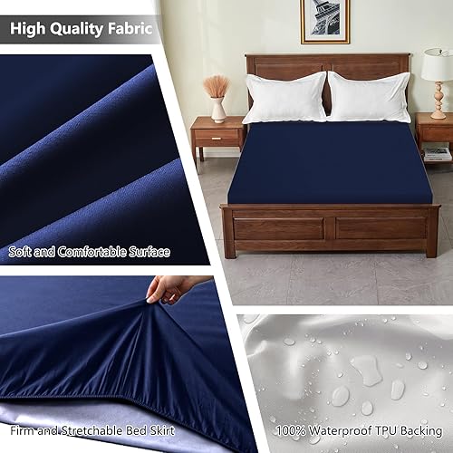 Miniatura 4 de Protector de colchón matrimonial, transpirable, impermeable, silencioso, azul marino, se adapta a colchones de hasta 18 pulgadas de profundidad,