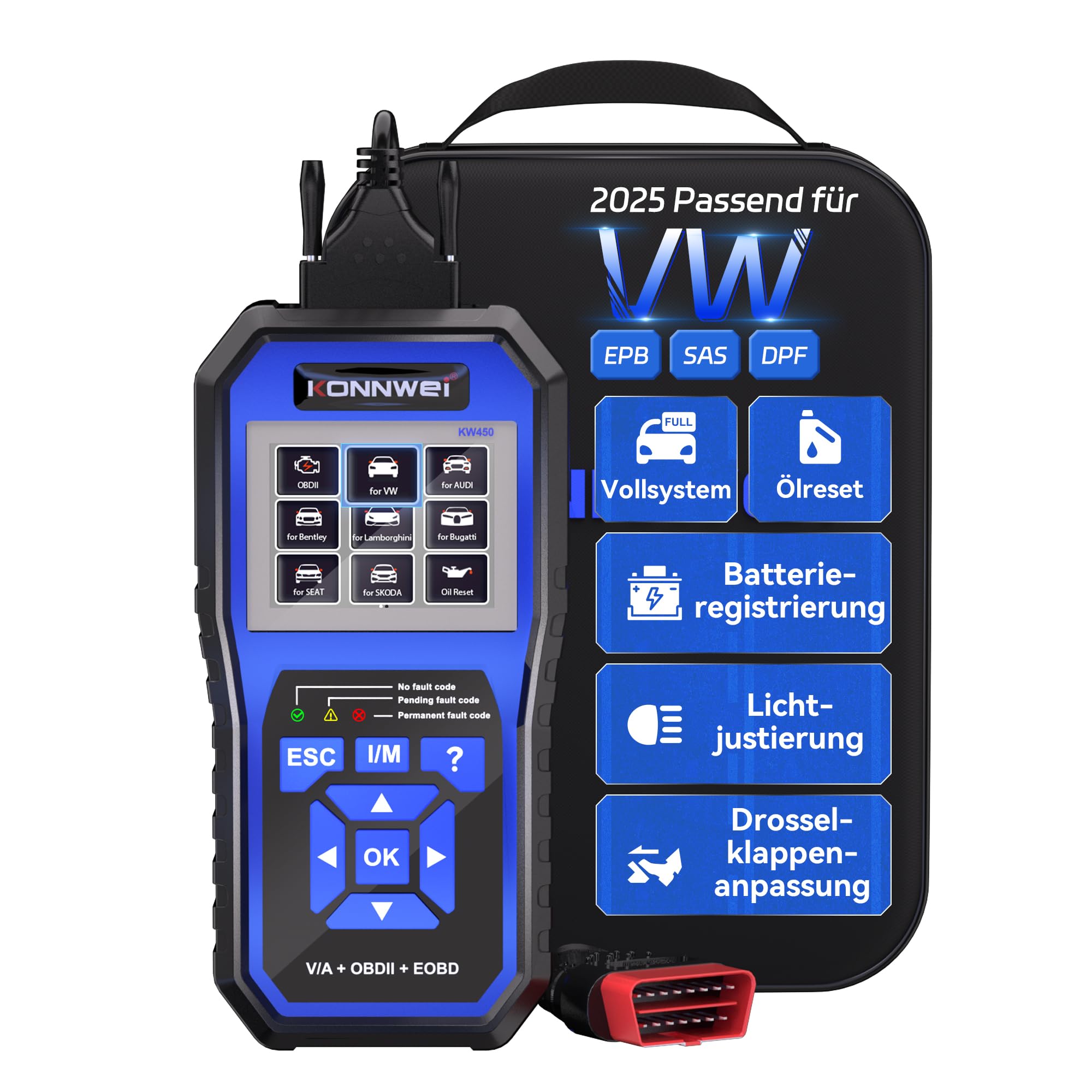 KONNWEI KW450 OBD2 Diagnosegerät mit 9 Spezialfunktionen für VAG Fahrzeuge Diagnose Code Reader Öl SAS EPB TPS Reset Injektor Codierung DPF Lampe Anpassung Suspension Scan Tool Deutsch