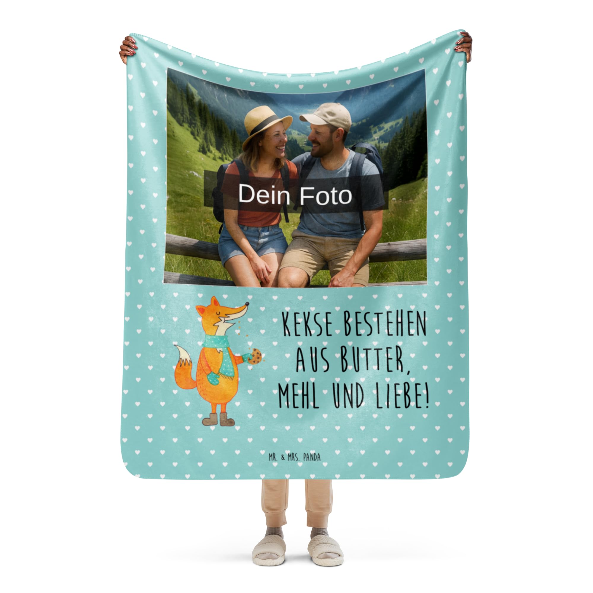 Mr. & Mrs. Panda Sherpa Foto Kuscheldecke Fuchs Keks 130 x 155 cm - Geschenk, Plätzchen, Frieren, Weihnachtlich, Küche Deko, Winter, Liebe