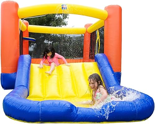 JumpOrange Tobogán acuático naranja pequeño con piscina para niños pequeños y niños pequeños (con soplador), salto y tobogán, aro de baloncesto,