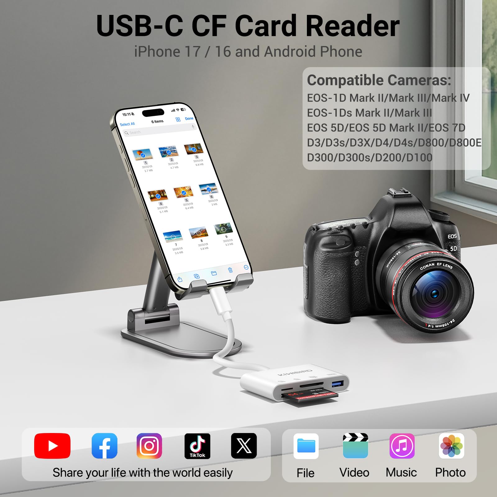 KiWiBiRD Czytnik kart USB C Compact Flash CF, czytnik kart SD Micro SD SDHC typu C do kart pamięci aparatu, kompatybilny z iPhone 17 16 Plus Pro Max MacBook Air Mac iMac, Galaxy S25 S24 Android