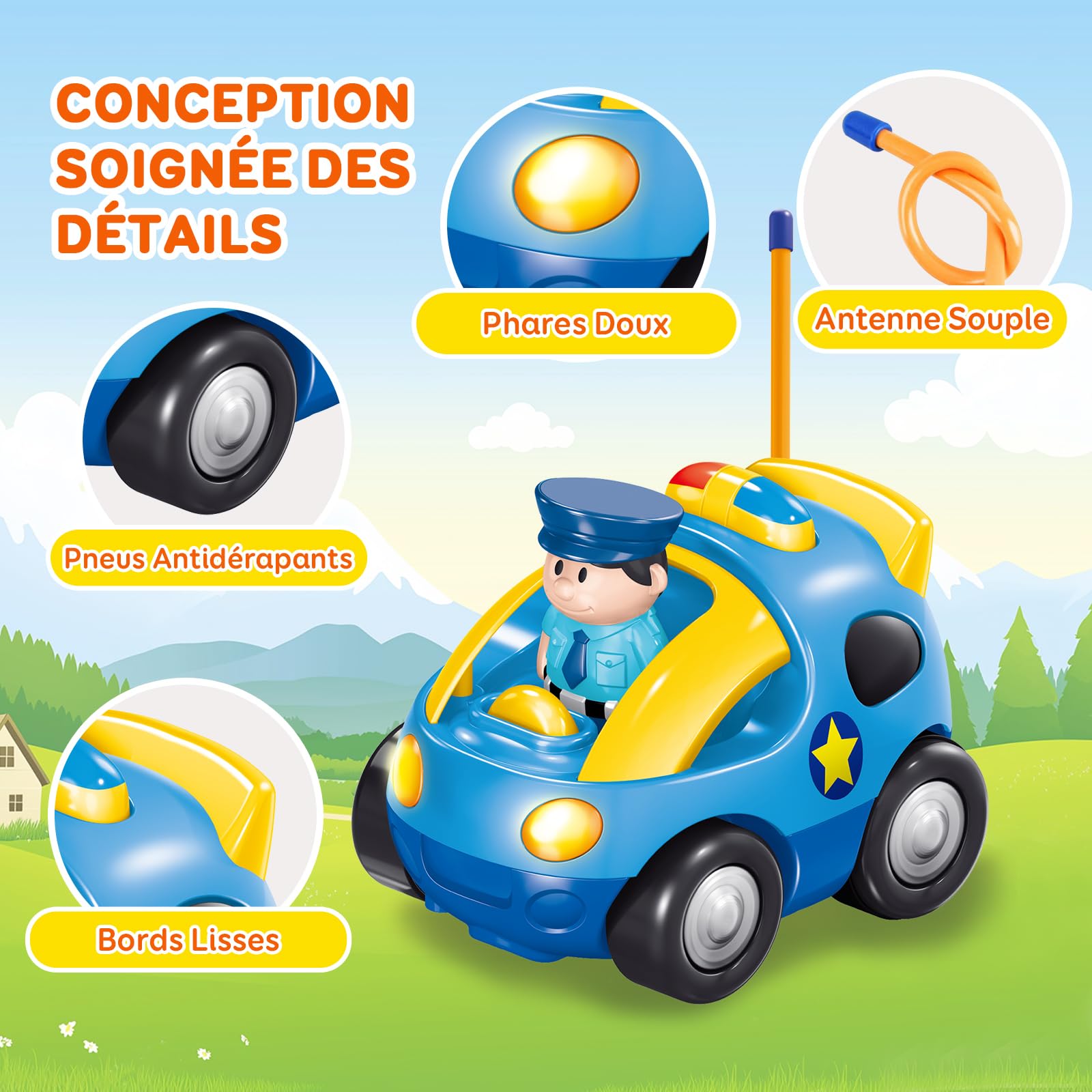 Pup Go Radiocommandee pour Enfant 2 3 Ans, Cadeau Noel pour Garcon, avec Musique Et Lumières, Telecommandé 2 Ans avec 2 Poupées，La Première Voiture Télécommandée d'un Jeunes