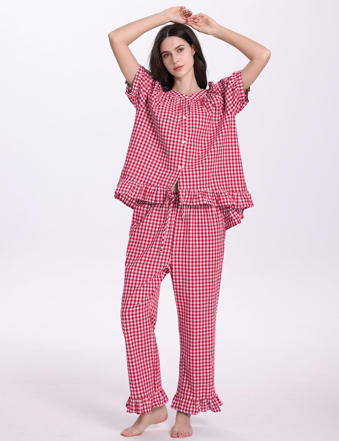 PEHMEA Womens Plaid 2 Piece Cotton Gingham Pajama Sets Short Sleeve Babydoll Shirt Ruffle Pants Y2K Lounge PJS Cute Sleepwear - Image 2