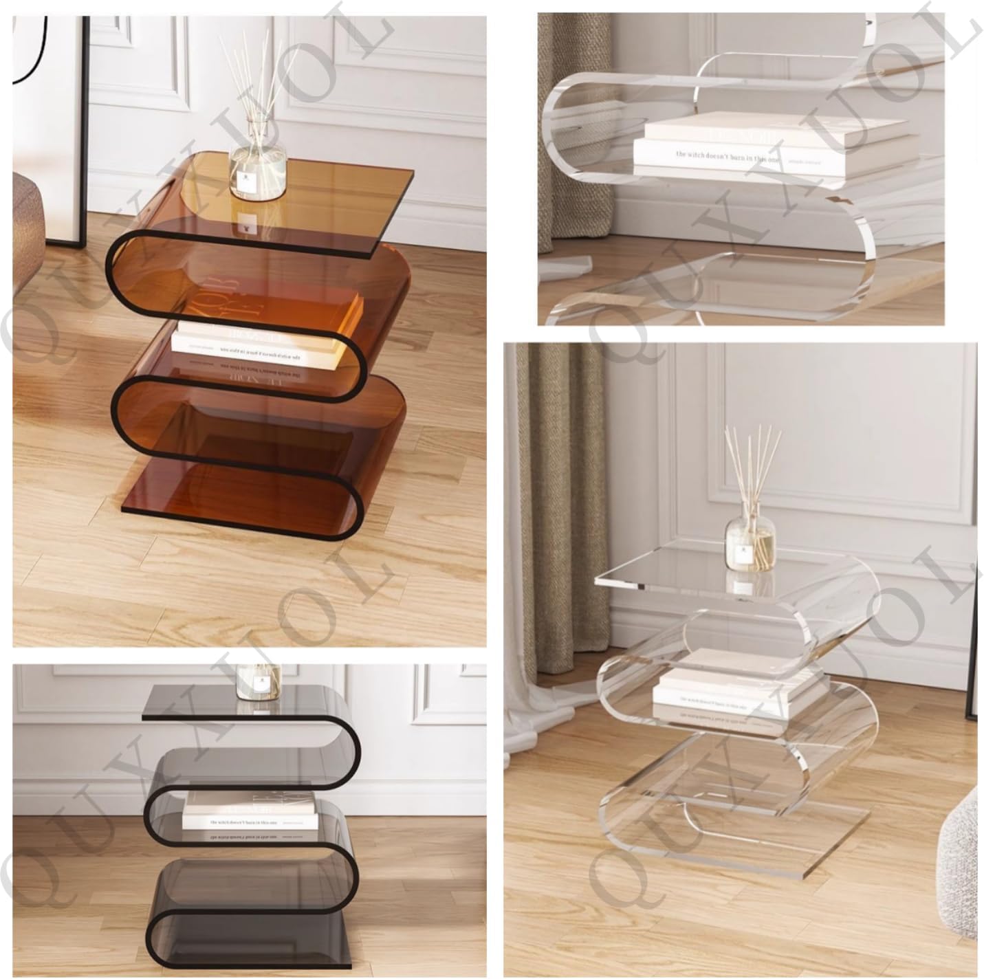 Quxxuol サイドテーブル、 アクリル透明 コーヒーテーブル ベッドサイドテーブル S字型 おしゃれ 雑誌ラック リビングルーム