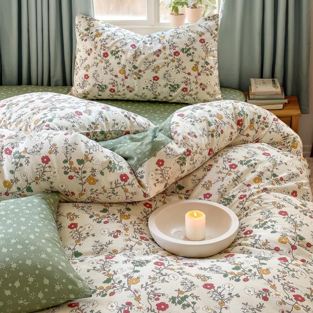 Nayoroom Bettwäsche 100% Baumwolle Blumen Kleine Blumenmuster Bettzeug Set Mädchen Blumenwiese Aesthetic Cute Pflanzenmuster Wendebettwäsche mit Reißverschluss und Blümchen Kissenbezüge