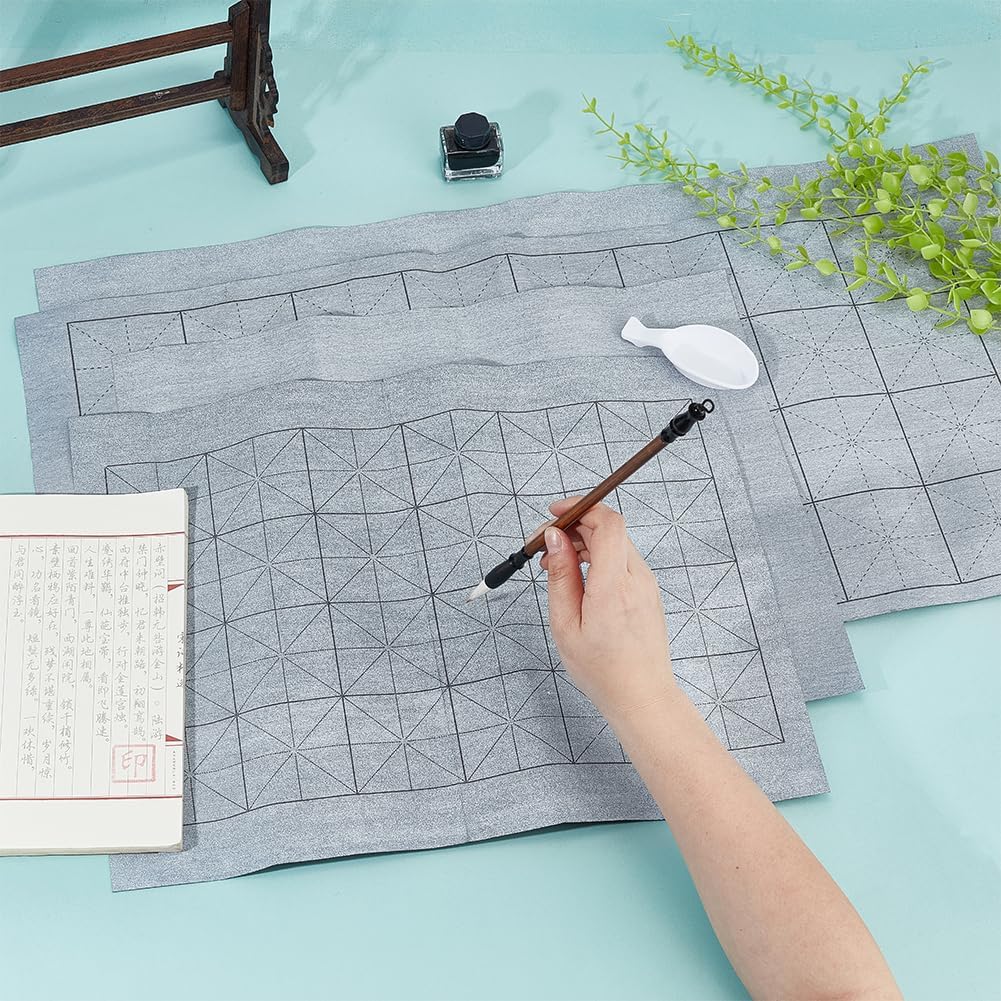 OLYCRAFT 26Pcs No Ink Chinese Calligraphy Set with 24Pcs Grid Water Drawing Writing Cloth 1Pcs Traditional Calligraphy Writing Brushes Pen 1Pcs Water Dish for Calligraphy Class and Chinese Beginners