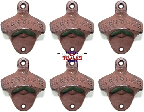 Juego de 6 abridores de botellas de hierro fundido "Open Here" con aspecto vintage