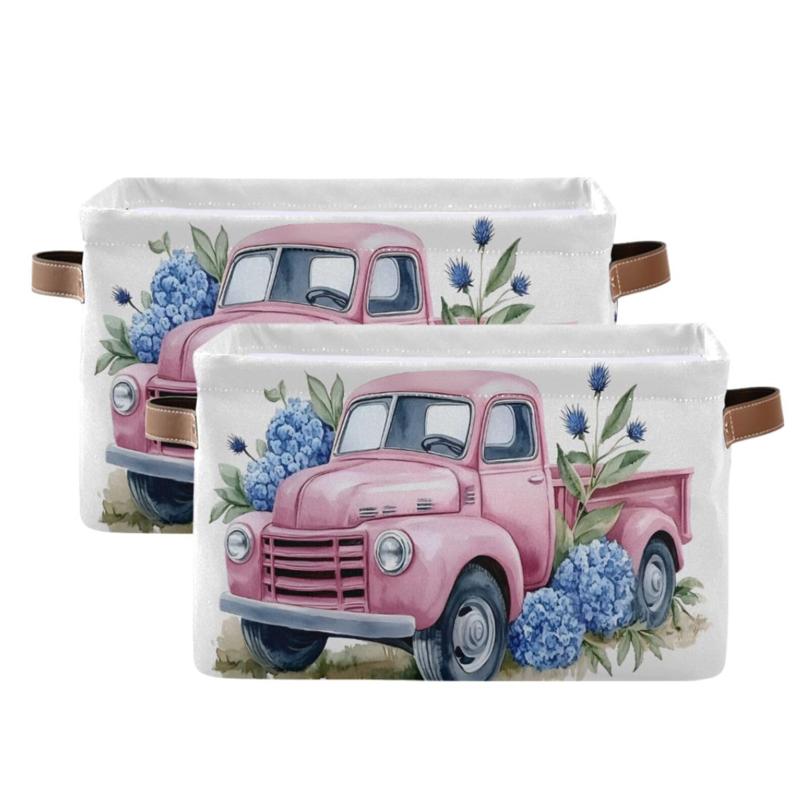 PaChyLuu Watercolor Pink Vintage Truck Storage Basket Bin Canvas Fabric Organizer Toys Basket with Handles for Home Office Nursery, Clothes, Gifts, 2 Pcs