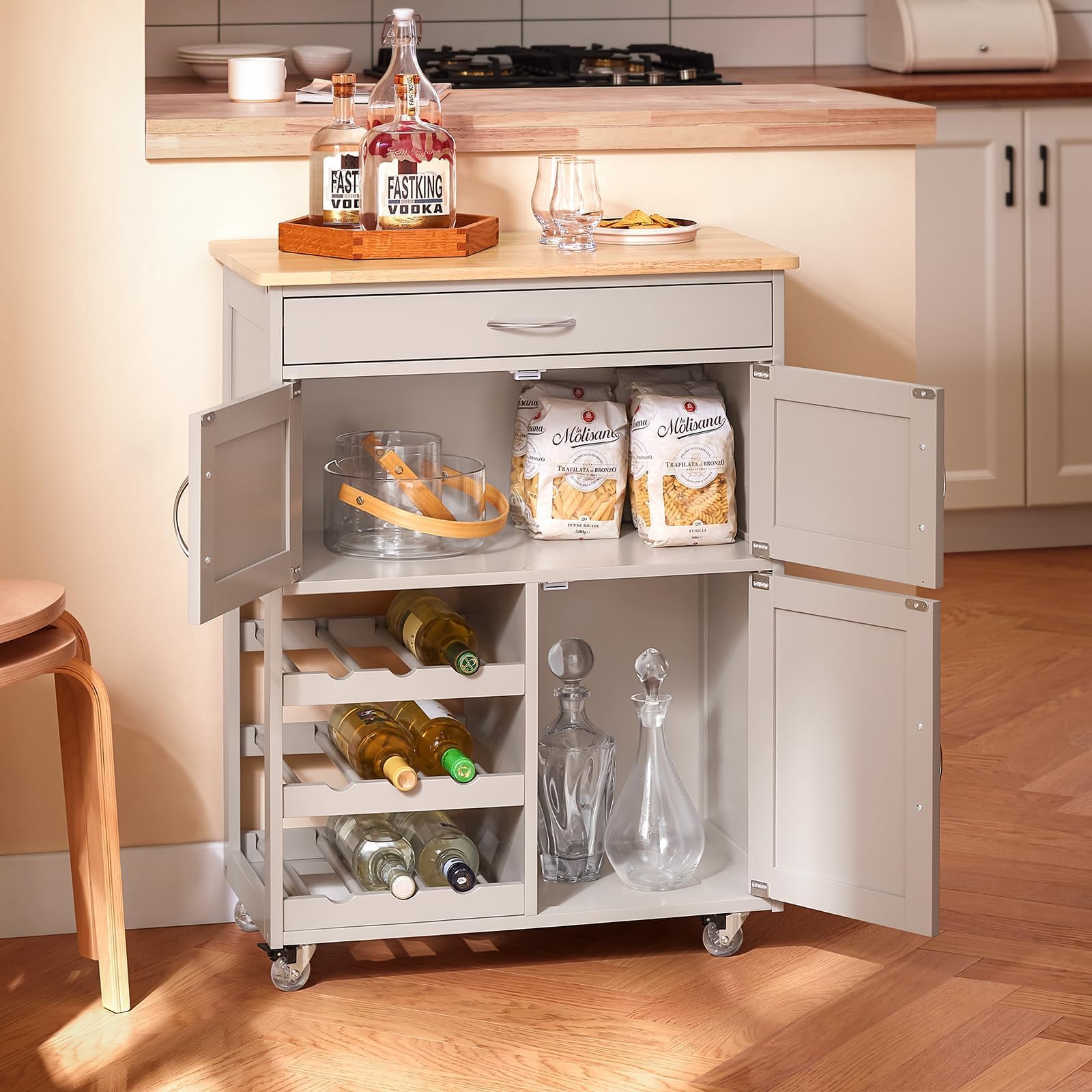 SoBuy Mueble Auxiliar de Cocina con Ruedas y botellero 67 × 86 × 38 cm | Carrito auxiliar de cocina con ruedas, encimera de madera de caucho y cajón, ideal para la cocina y el comedor MDF FKW45-KA