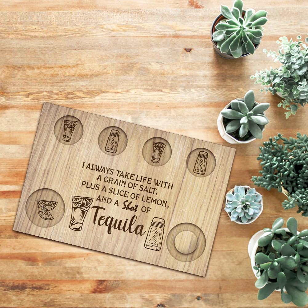 Wooden Tequila Shot Glass Tray - 7.87x11.81 Inch Serving Board With Salt Rim & Lemon Bowl