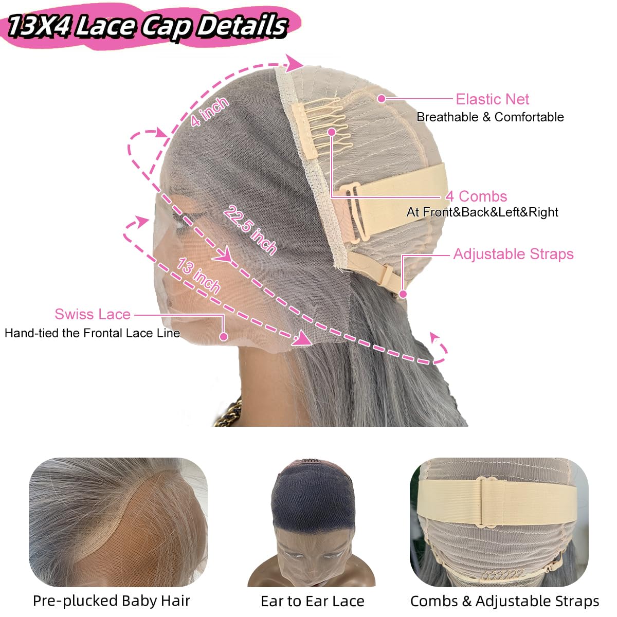 Grey 13x4 Lace Front Wigs Human Hair Glueless Grey Colored 18 Inch Body Wave Lace Front Wigs with Baby Hair Pre Plucked 180 Density HD Transparent Lace Frontal Wigs for Women