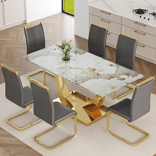 Miniatura 39 de Juego de mesa de comedor de mármol sintético para 6, mesa de comedor moderna de 71 pulgadas para 6, mesa de cocina dorada de lujo y 6 sillas de Mesa