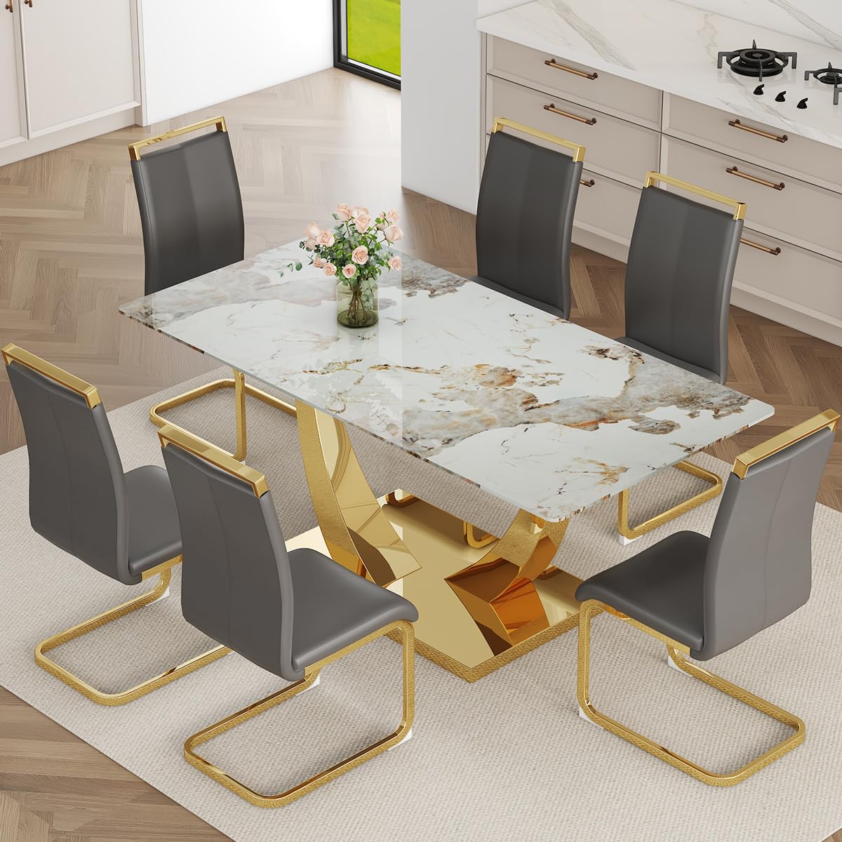 NYEESS Faux Marble Dining Table Set for 6,Rectangular Dining Room Table Set for 6,Gold Kitchen Table and 6 PU Leather Chairs, 71” Tempered Glass Table