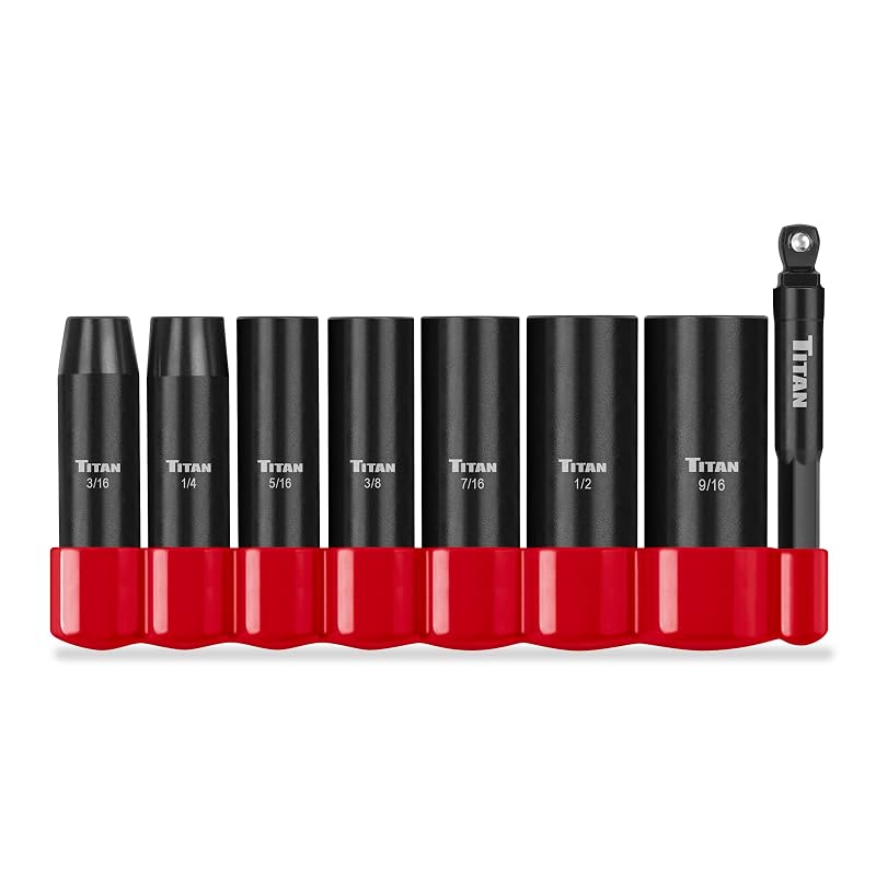 Jogo de Soquetes de Impacto Profundos Titan 46301, Encaixe de 6 Pontos e Acionamento de 6,35 mm, SAE, 8 Peças