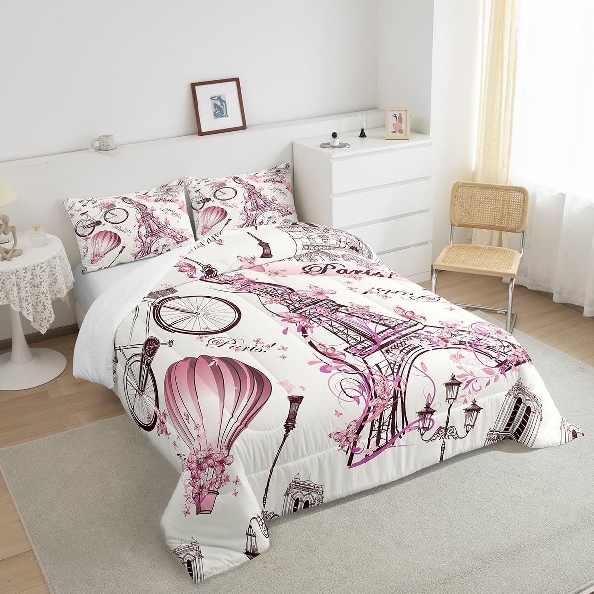 Eiffelturm-Pärchen-Steppdecke, Doppelbett, rosa Blumenmuster, Daunendecke, romantisches Thema, Dekoration, Mädchen, Erwachsene, Frauen, Paare, gesteppte Steppdecke, Paris, einfach, weiche Bettwäsche