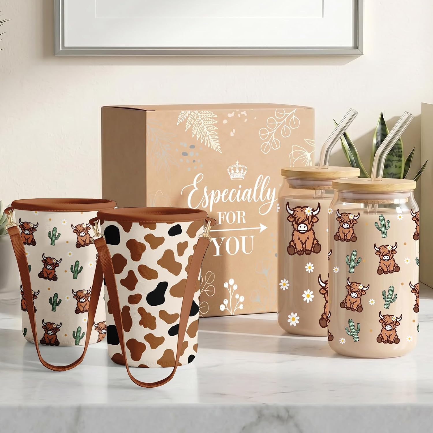 5 Pack Highland Cow Gift For Women, Glass Cup with Lids and Straws