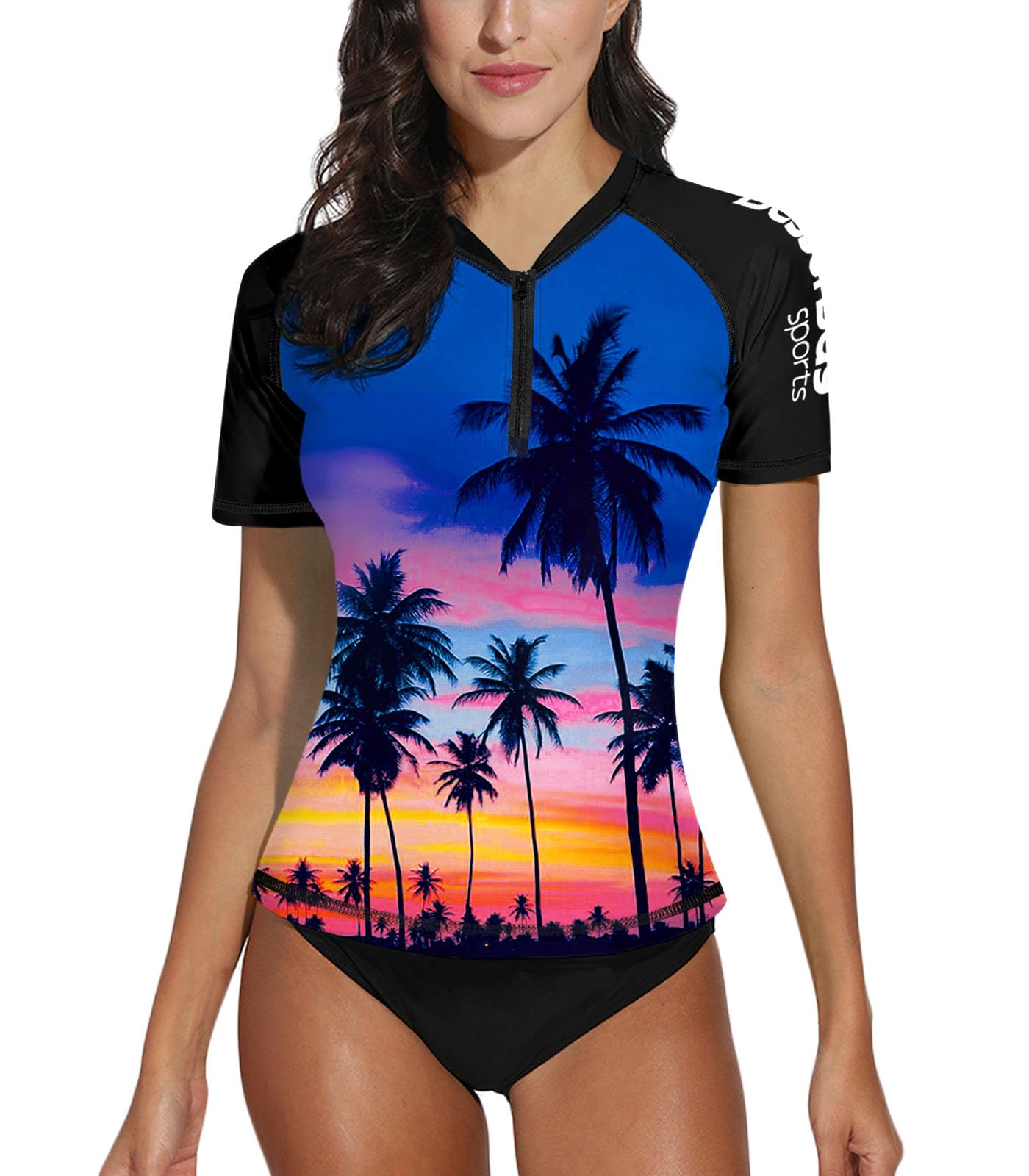 BesserBay Women’s Rash Guard UPF 50+ Zip Short Sleeve Quick Dry Swim Shirt Swimsuit Tops