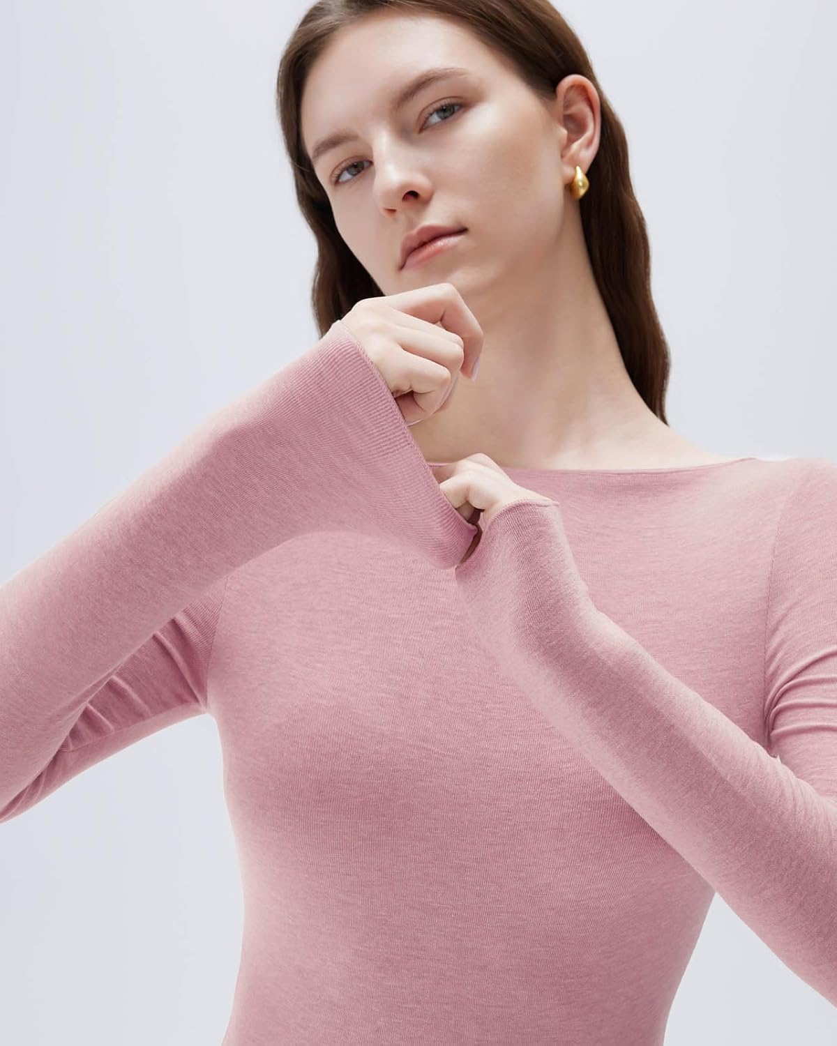 SUUKSESS Cloud Cashmere Women Boat Neck Fitted Long Sleeve Shirt Basic Knit Tops - Image 2