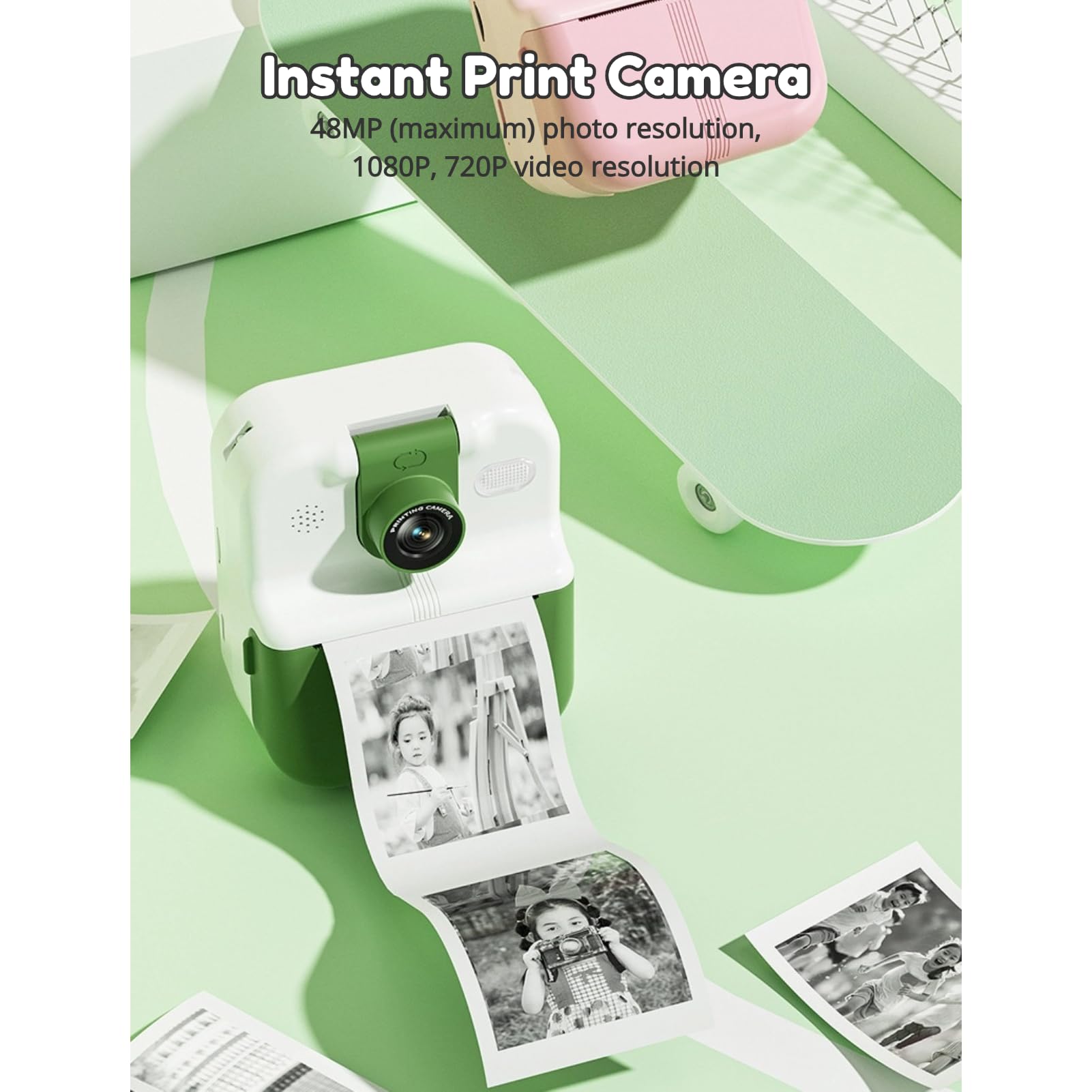 Aparat do Natychmiastowego Drukowania, Aparat dla Małych Dzieci 1080P 48 MP, 2,4-calowy Ekran IPS Obrotowy Obiektyw o 180 Stopni Przenośny Aparat do Selfie z 3 Rolkami Papieru