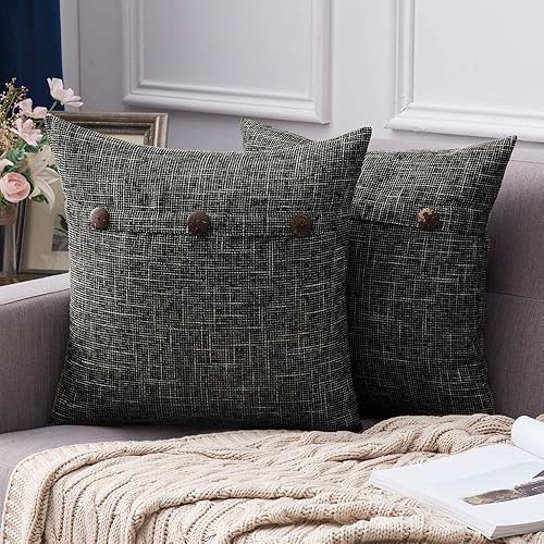 MIULEE Set of 2 Decorative Linen Throw Pillow Covers Cushion Case Triple Button Vintage Farmhouse Pillowcase for Couch Sofa Bed 18 x 18 Inch 45 x 45 cm Black