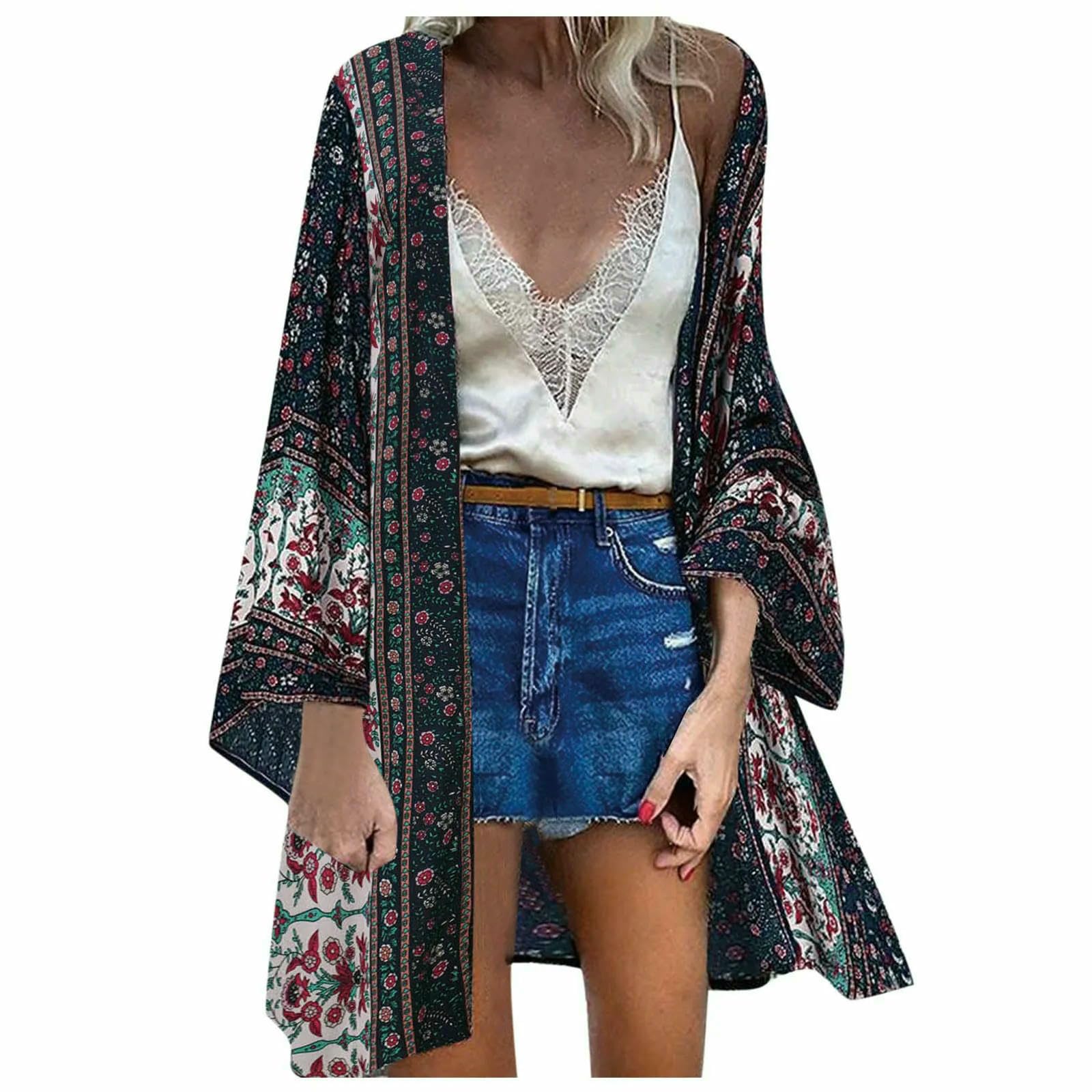 Copricostume da Spiaggia Summer Vintage Boemian Style Cardigan Casual Bikini Coprono Femmina Plus Size Kimonos Cardigans-Beige-l