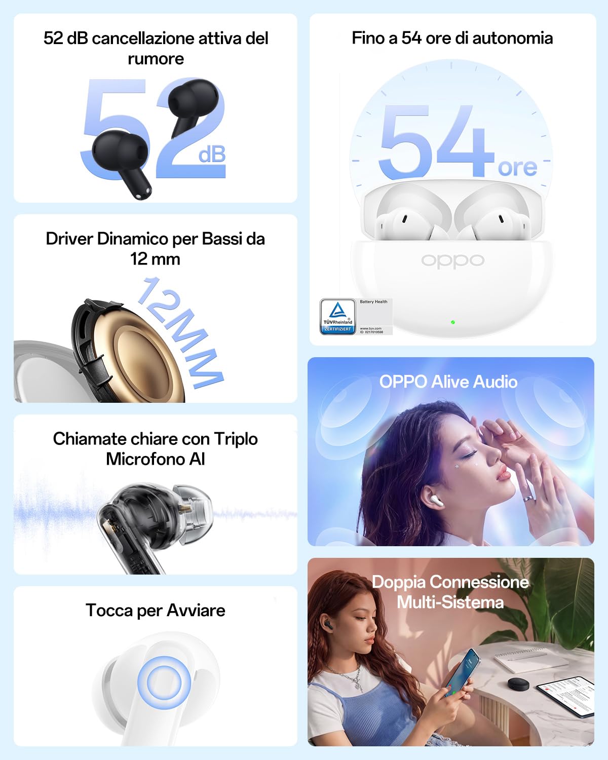 OPPO Enco Air5 auricolari wireless, Bluetooth 6.1 in-ear stereo, cancellazione rumore 52dB adattiva, driver bassi 12mm, tre microfoni chiamate IA, autonomia 54h, IP55, Midnight Black