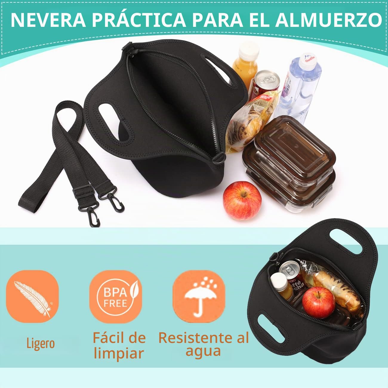 VASCHY Bolsa Termica porta Alimentos, Bolsa Comida Trabajo Bolsa Neopreno Almuerzo para Mujer Hombre Bolso Bandolera Isotermica con Correa para el Hombro Para Escuela Oficina Picnic Playa, Negro