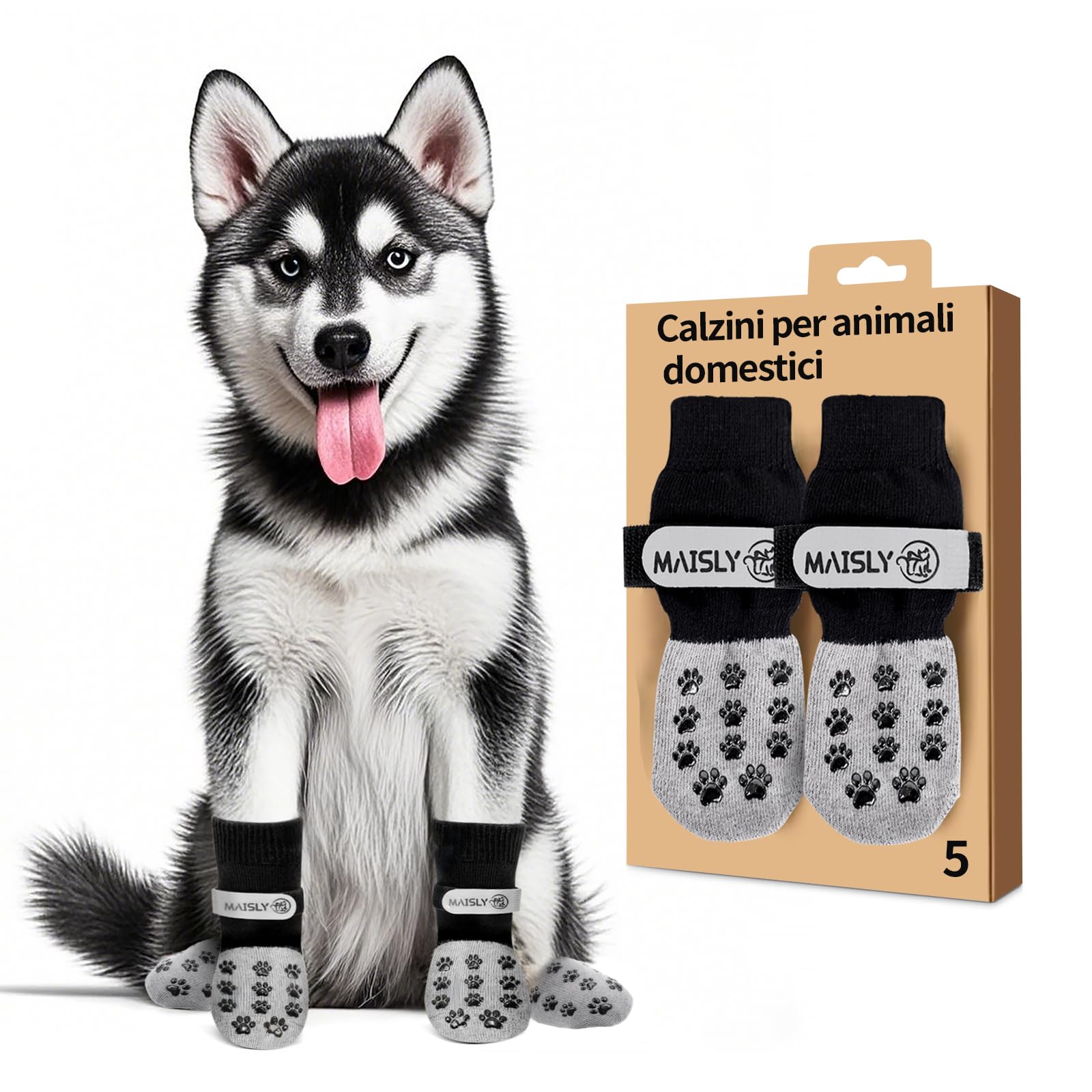 Maisly 5 Calzini Antiscivolo su Entrambi i Lati con Cinghie Regolabili per Interni ed Esterni, Protezione Zampe e Controllo della trazione su Pavimenti in Legno Duro (XL)