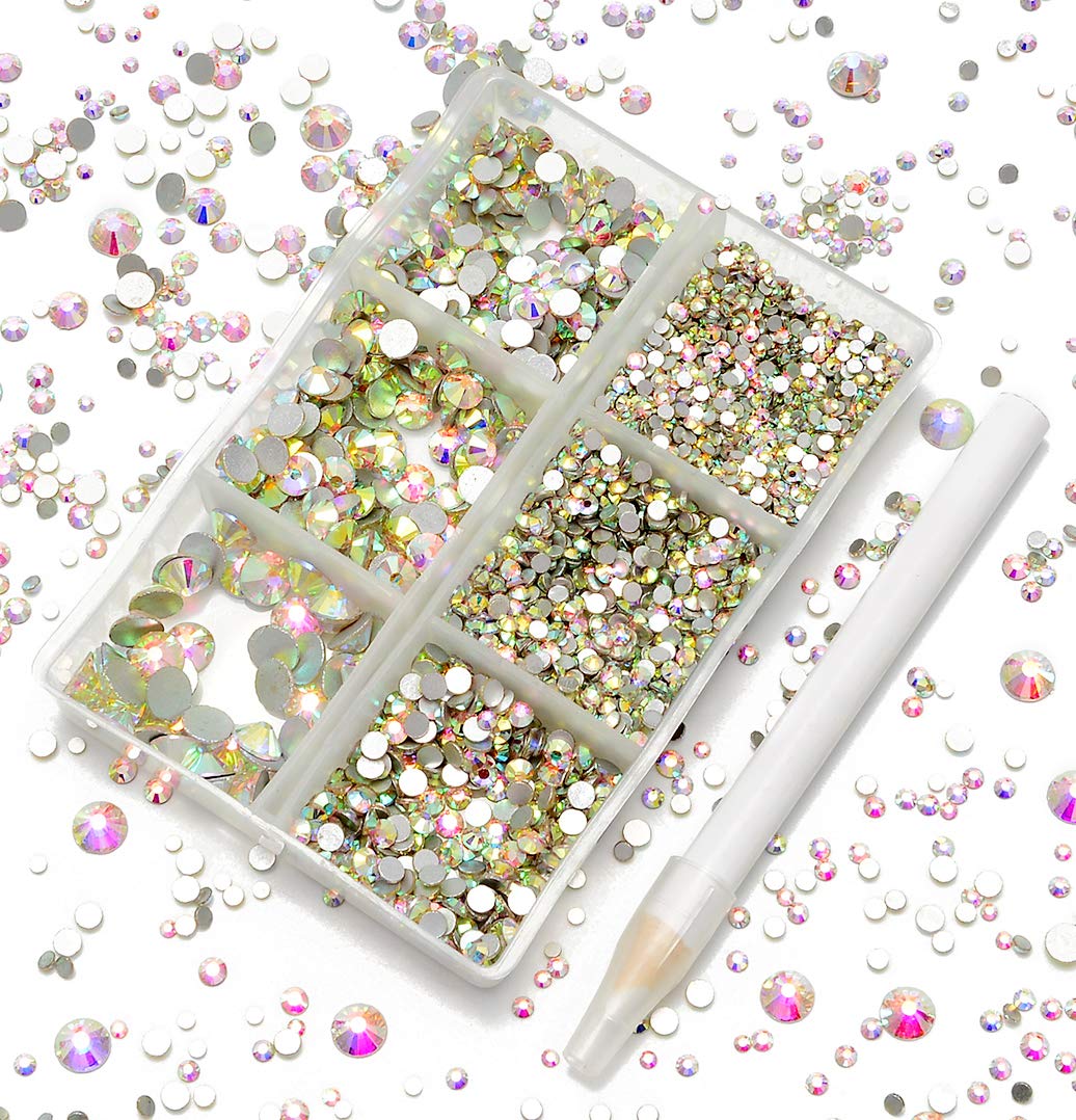 AD Beads4300 Pieces Flat Back Nail Art Rhinestones Round Beads 6 Sizes (2-6.5mm) with Storage Organizer Box,Rhinestones Picking Pen for Nail Art Phone Decorations Crafts DIY (Crystal AB)