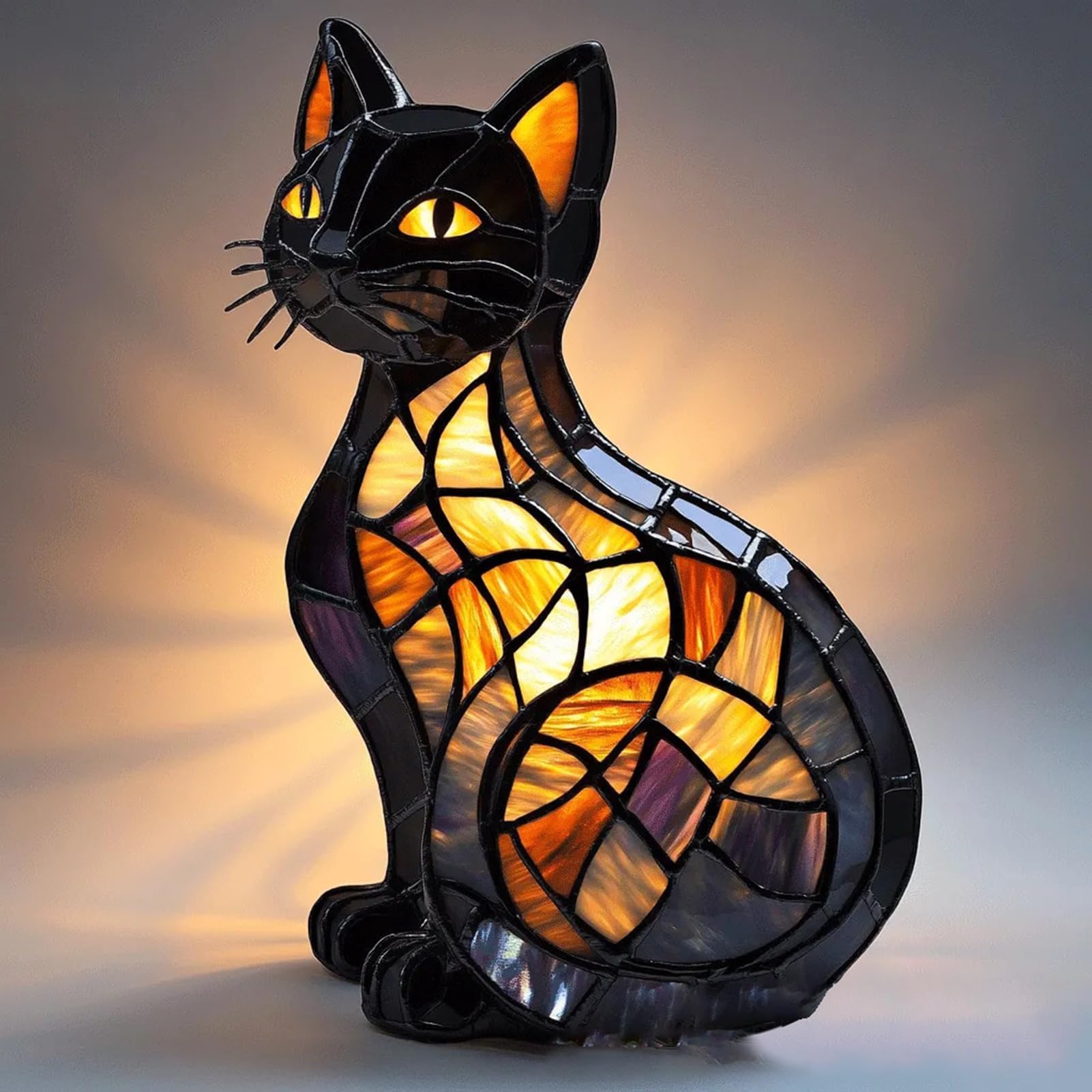 Stained Glass Lamp, Cat Table Lamp,Colorful Vintage Bedroom Living Room Home Decor (Cat a)