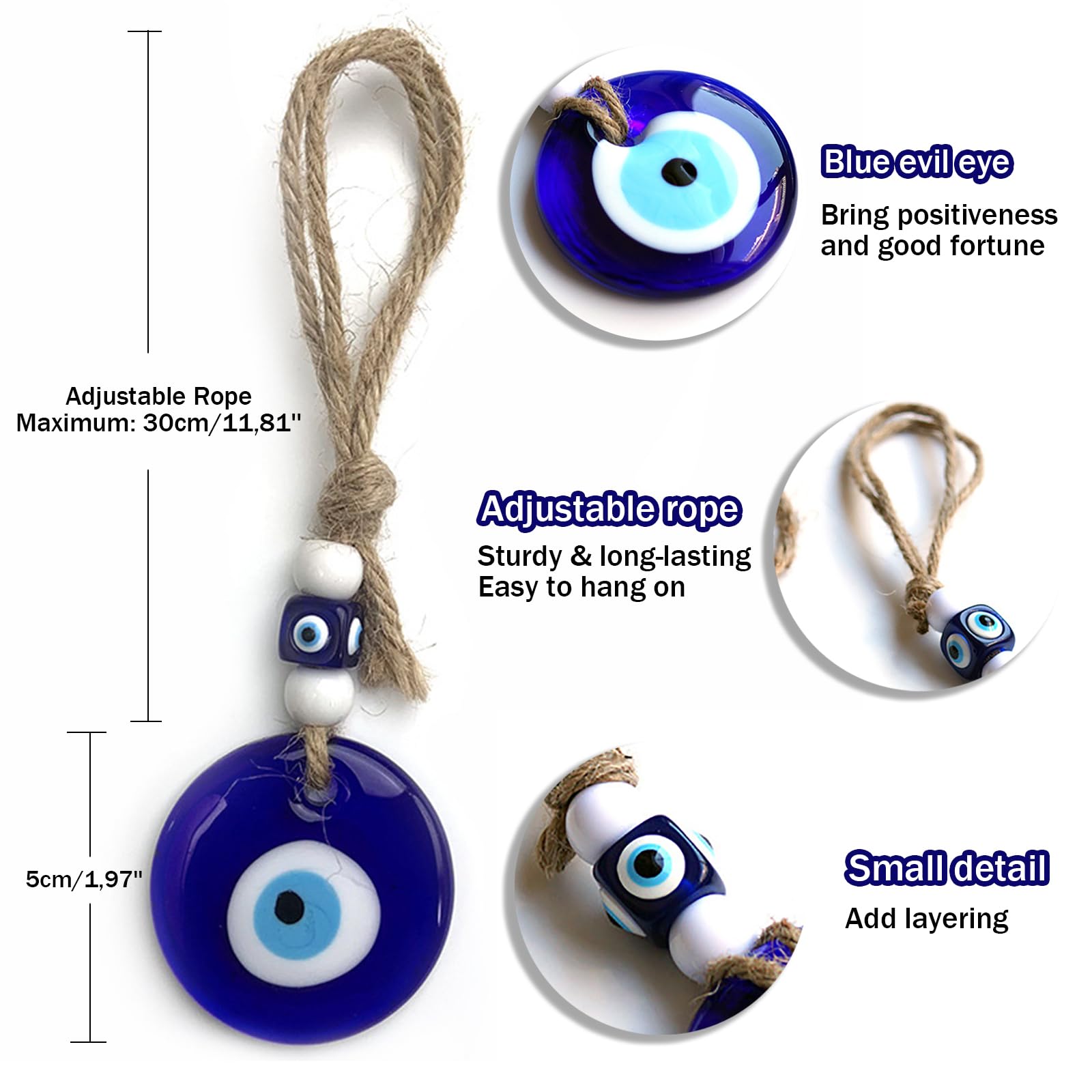 Amuleto Occhio Turco Blu - Ciondolo Vetro 5cm Portafortuna Per Auto E Casa