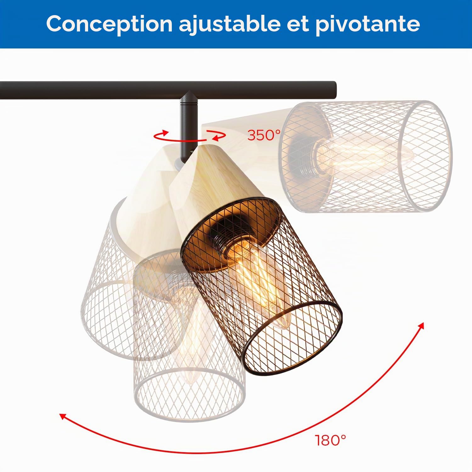 ANWIO Plafonnier LED 3 Spots, E14 Spot de Plafond Orientable, Rampe Spot LED Mural Bois,Plafonnier Industriel Couloir, Chambre, Cuisine (Sans Ampoules)