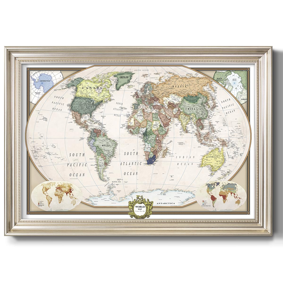 Renditions Gallery Colorful World Map Canvas Wall Art with Modern Silver Frame Wall Hanging Travel Map with Push Pins for Home, Office, Classroom