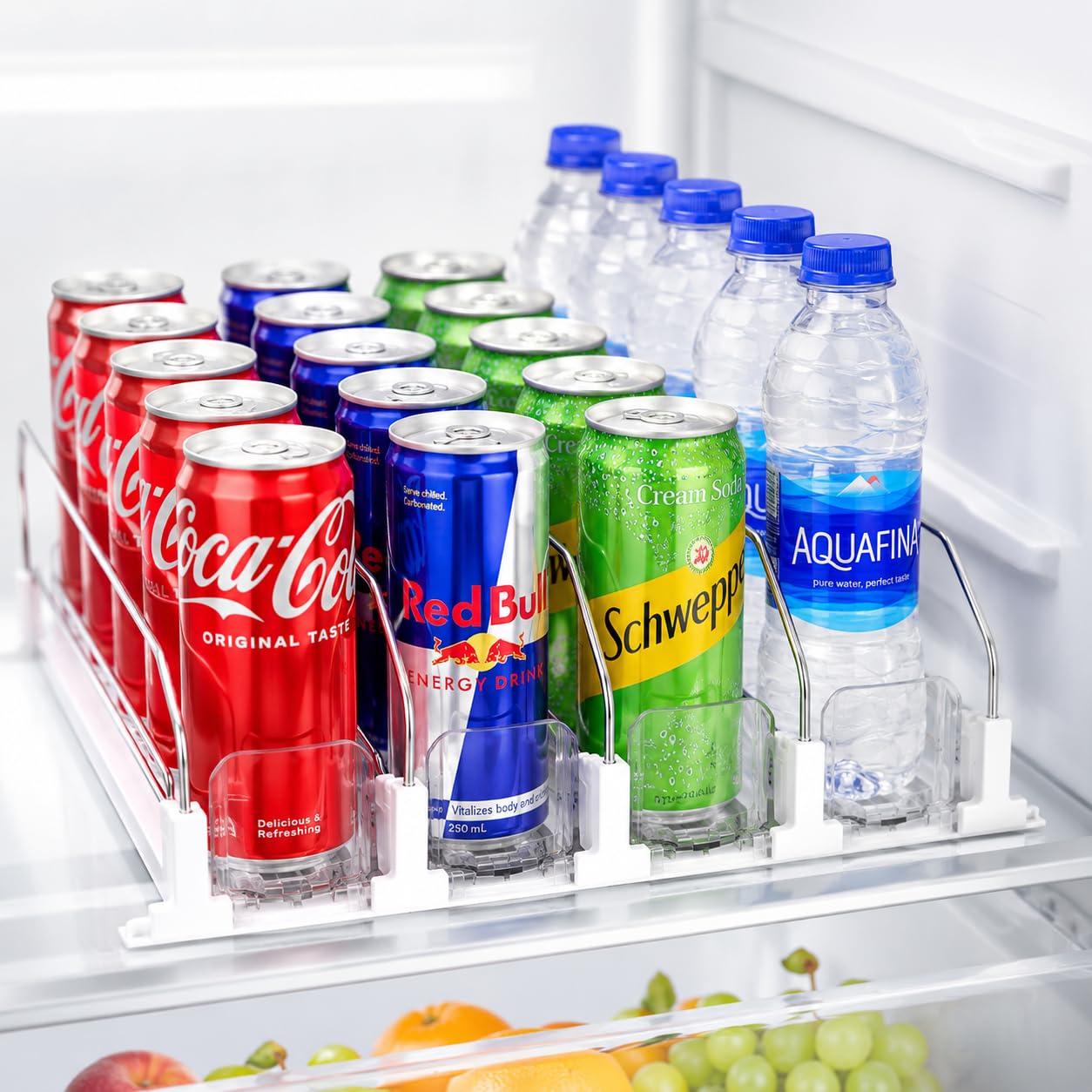Loenna Drink Organiser for Fridge, 4-Row Automatic Soda Can Dispenser with Upgraded Double Spring Pusher Glide, Adjustable Width Clear Beverage Holder for 12oz 16oz 20oz Cans & Bottles (White)
