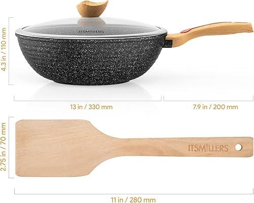Miniatura 6 de Wok antiadherente de aluminio fundido a presión, resistente a los arañazos con tapa y espátula, sin PFOA, apto para lavavajillas y parte inferior de