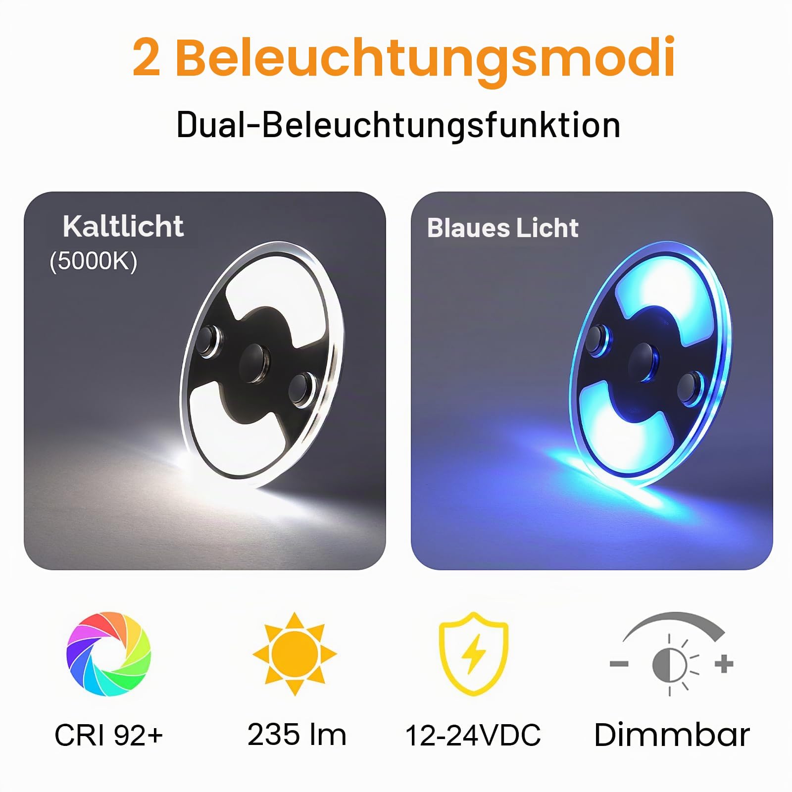 4 x 12V LED Deckenleuchte Wohnmobil Flach Dimmbar Panel Rund Leuchte 75mm 235LM mit Touch Schalter Aufbauleuchte, für Camper Boot Wohnwagen Yacht Auto, Zwei Farbe(5000K/Blau)