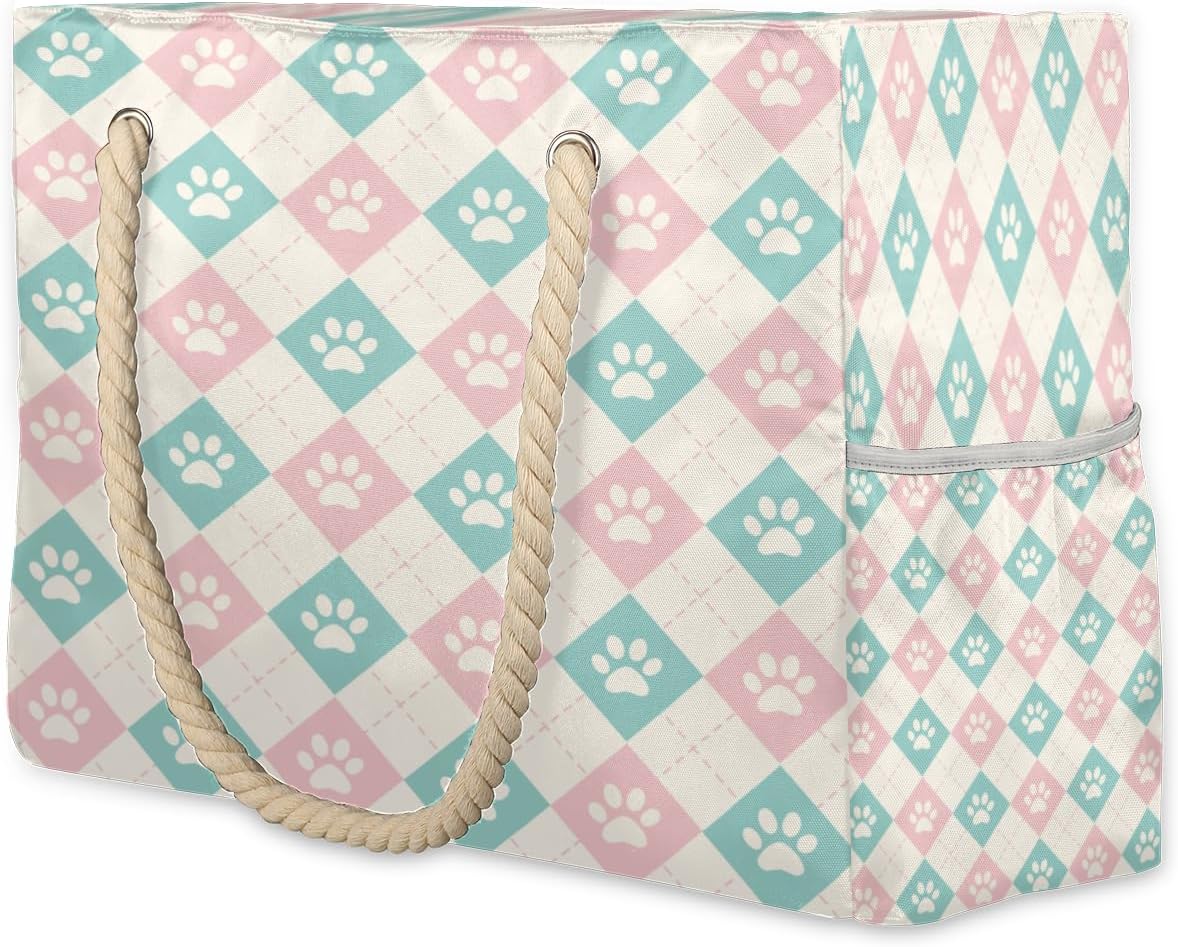 Grid Colourful Squares Dog Paws Beach Bag for Women Waterproof Sandproof Tote with Zipper Cotton Rope Handles for Travel Pool Gym Shopping