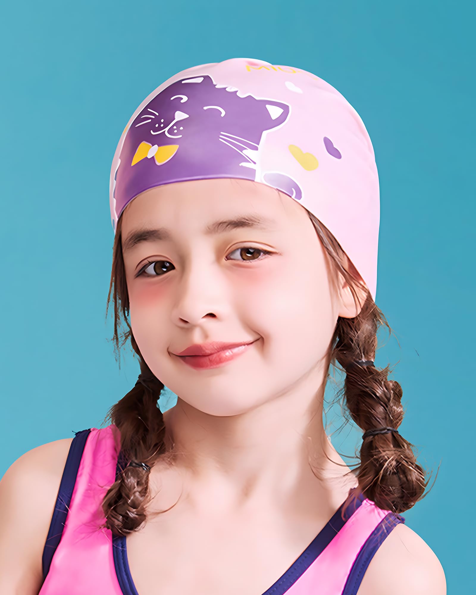 Swimming Cap Kids 6-14 - Swim Hat for Kids 6-14 Years Silicone & Waterproof, Pink kitty, One size fits ages 6-14 - Image 2