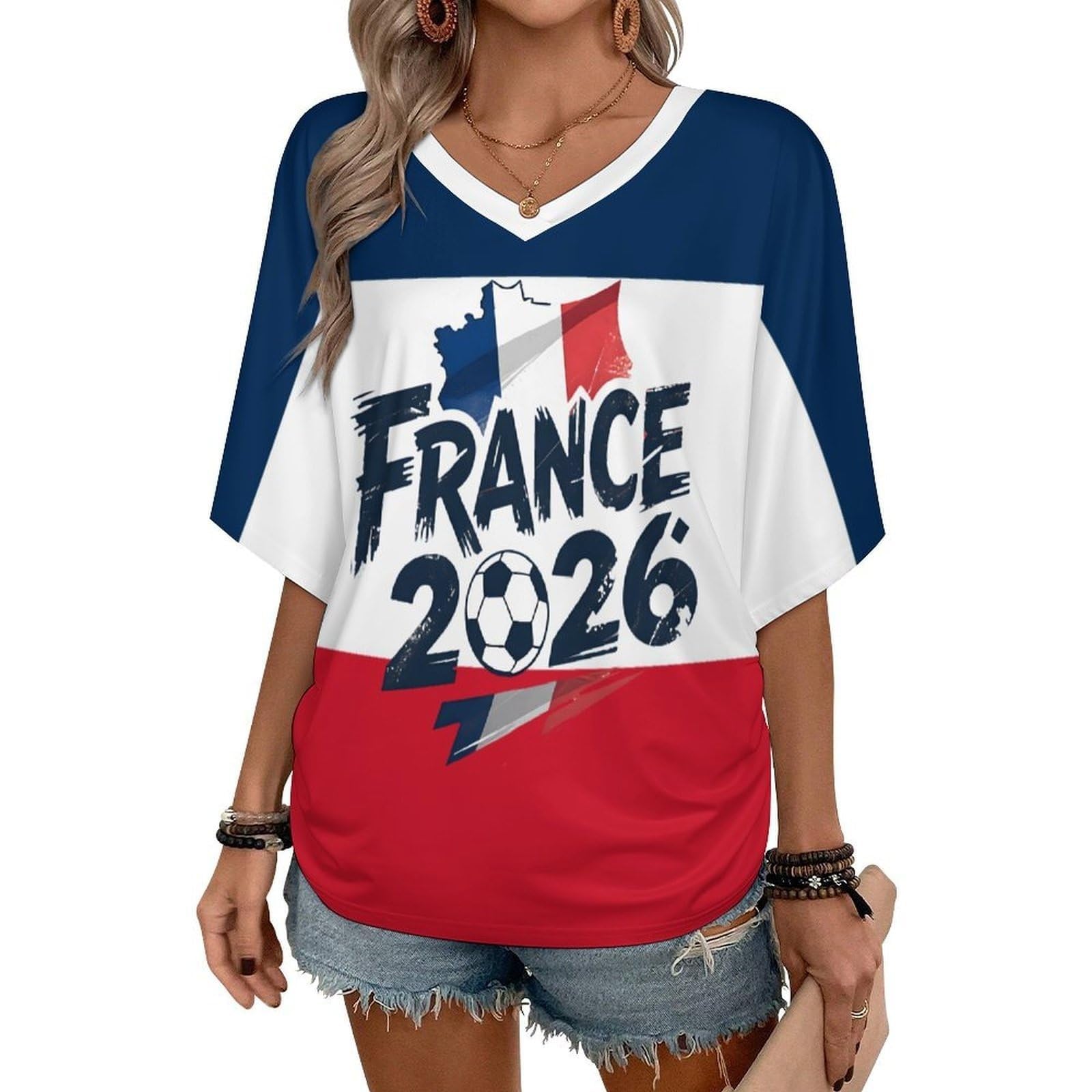 Maillot Equipe de France Foot 2026 Tee Shirt Femme - Été Supporter Football T-Shirt Musique Mode Streetwear Impression pour Les Fans de Sport