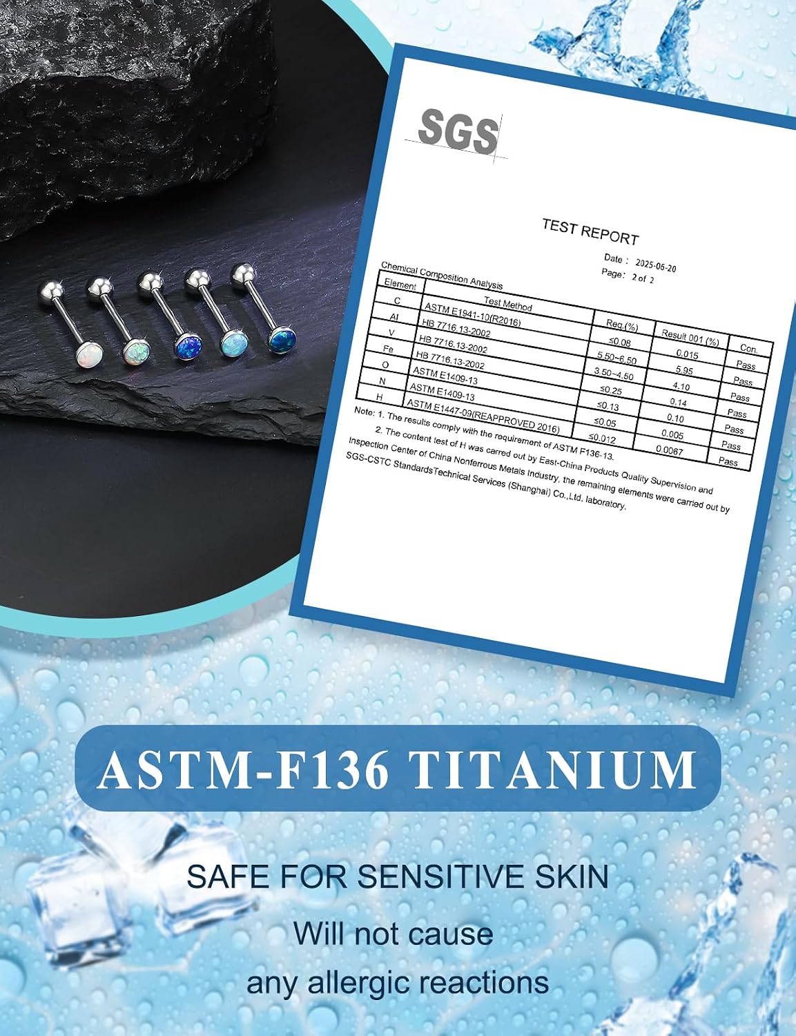 14G Astm F136 Titanium Tongue Rings Piercing Jewelry 14 Gauge Internal Thread Straight Barbell Opal Tongue Rings Piercing Jewlery for Women Men White Pink Purple Blue Green 16MM Bar Length