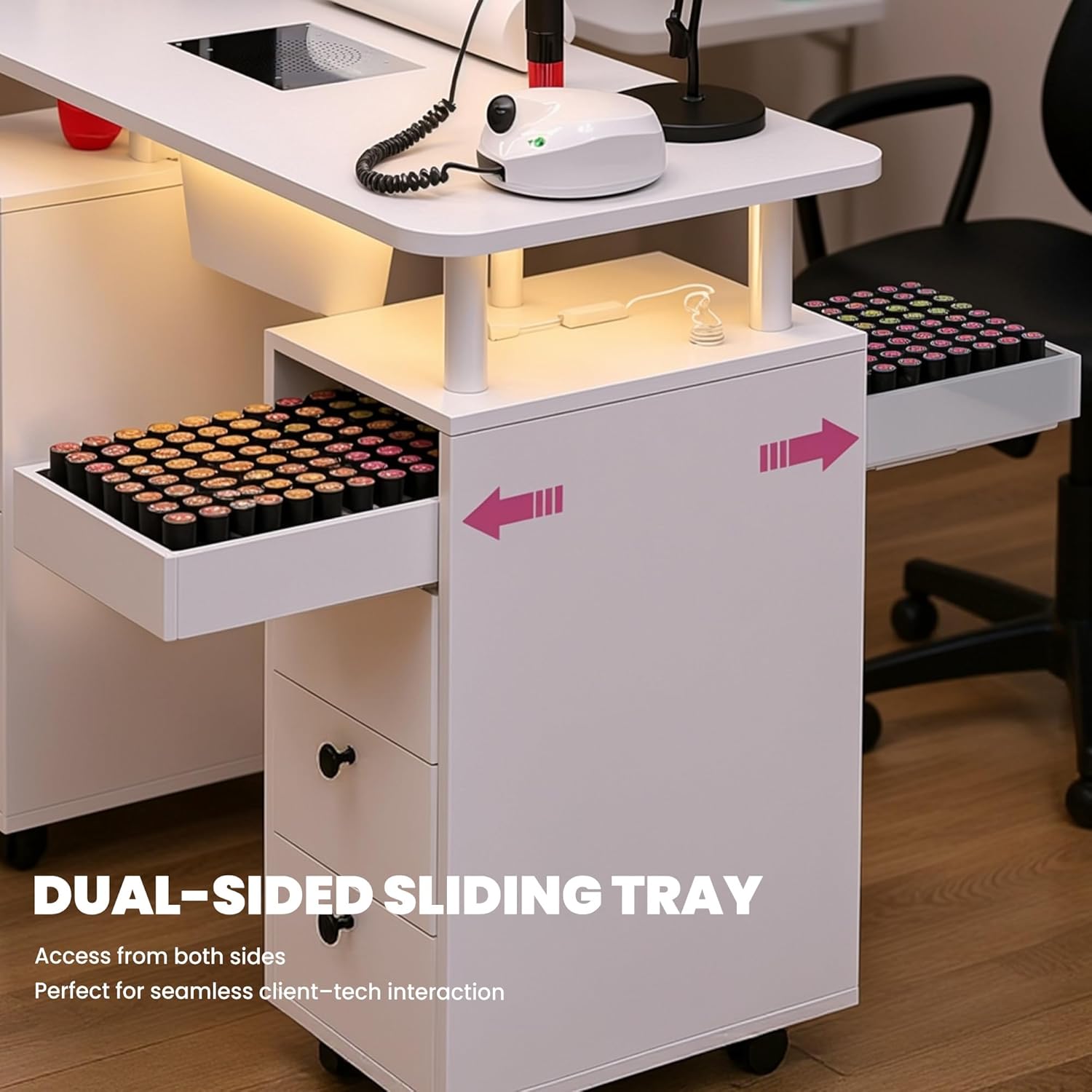 Close-up of the dual-sided sliding tray on the manicure table, designed for easy access to nail polishes