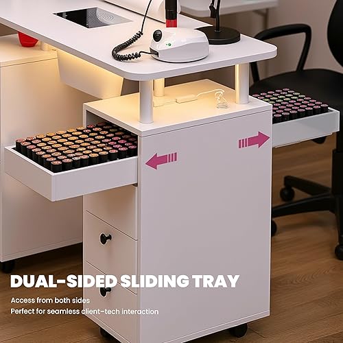 Miniatura 6 de Escritorio de uñas para tecnología de uñas con colector de polvo eléctrico, mesa de manicura rodante con ruedas bloqueables, cajones de