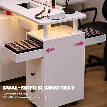 LED Manicure Table with Built-in Dust Collector&4 Dust Bag,Nail Desk with 3 Drawer&2 Cabinet,Rolling Nail Table with Lockable Wheel,Wrist Rest for Beauty Nail Salon,Nail Workstation Art Desk (White)