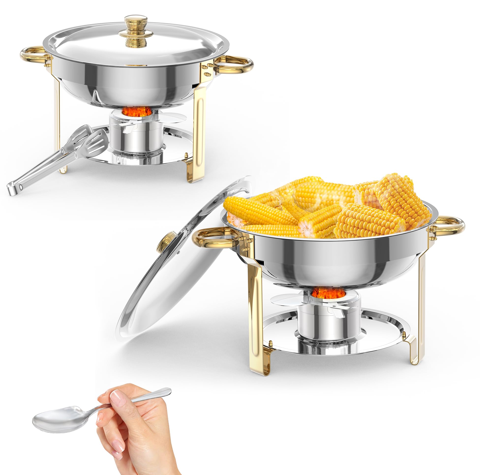 GarveeLife Rund Chafing Dish Buffet Set 5L, Edelstahl Speisenwärmer mit Klarer Deckel, Löffel & Zange, Buffet Warmhaltebehälter für Catering Buffet und Part