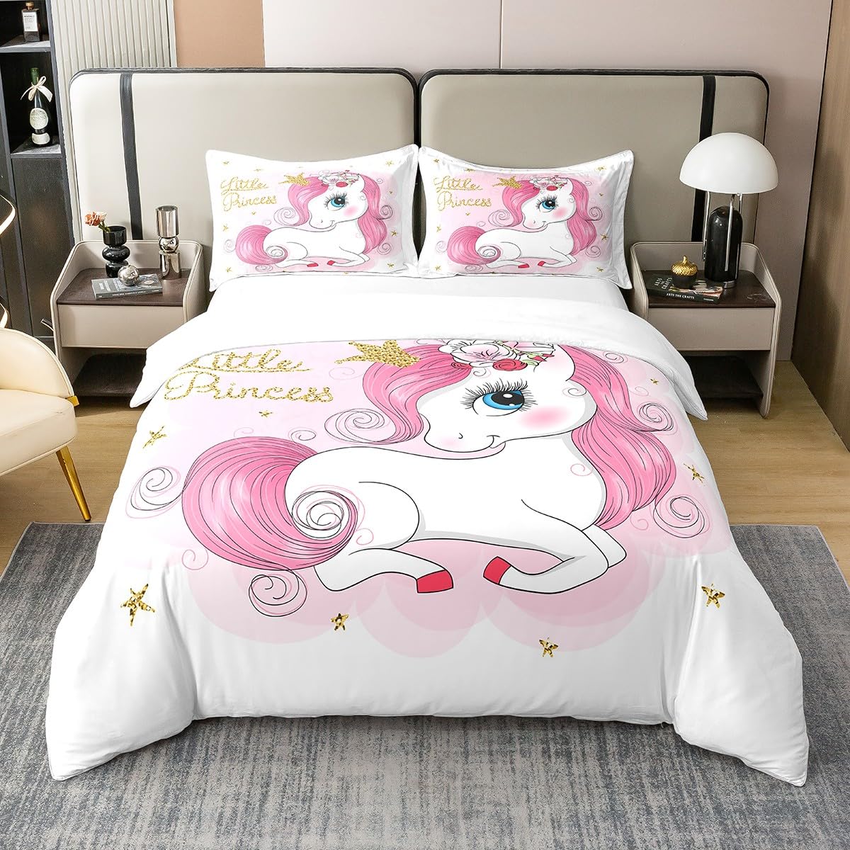 Housse de couette licorne 220x240 parure de lit coton rose ensemble de literie enfant Homemissing