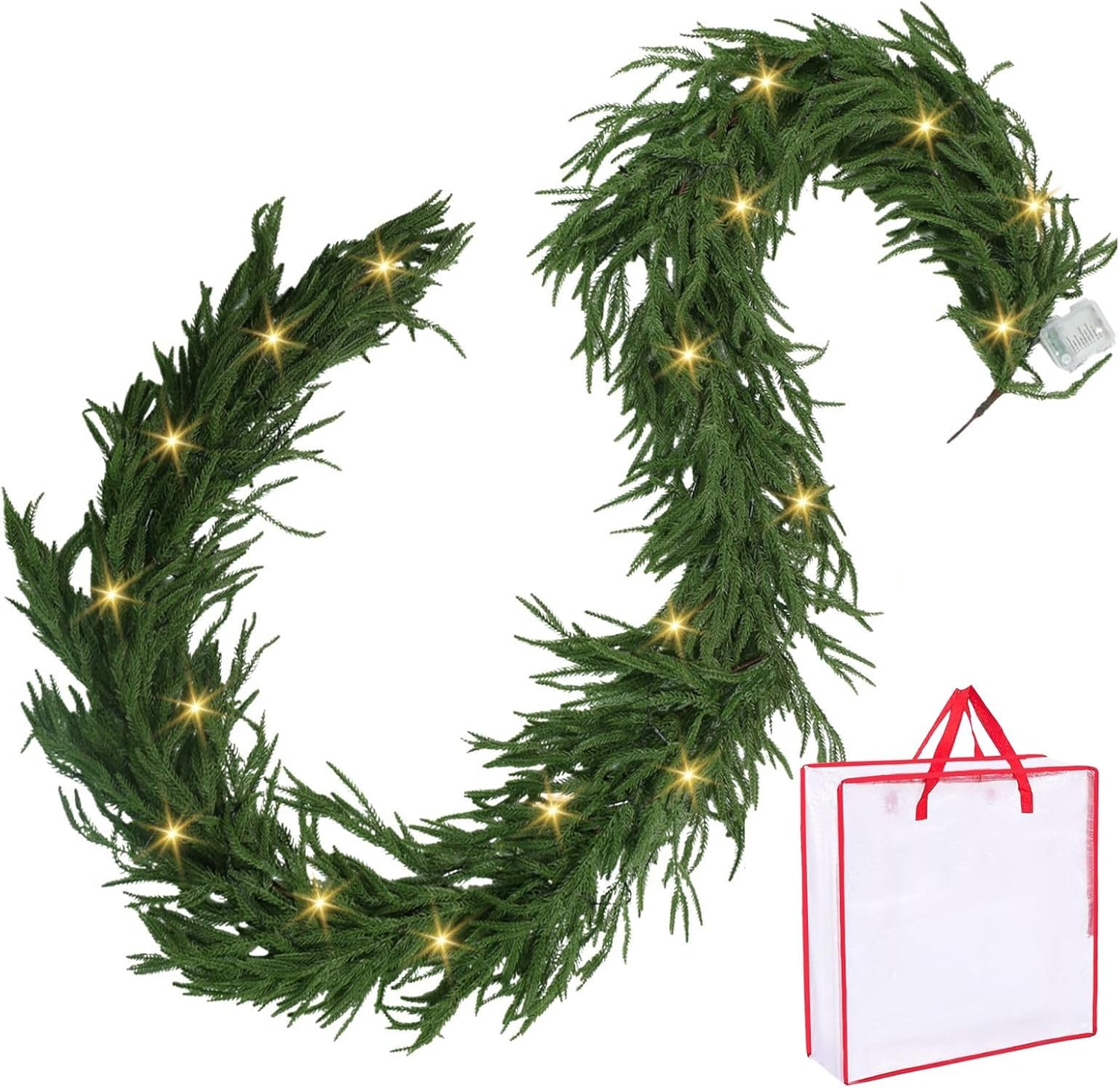 9FT Pre-lit Norfolk Pine Garland with 50 LED Lights – Extra Full 142 Branches Real Touch Artificial Christmas Garland for Fireplace, Stairs, Indoor Outdoor Holiday Winter Decor