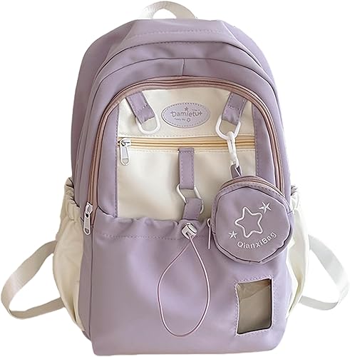 Mochila Kawaii con bolsa de hombro doble con linda estrella extraíble, bolsillo transparente, gran capacidad, colores de dopamina, Púrpura, Grande,